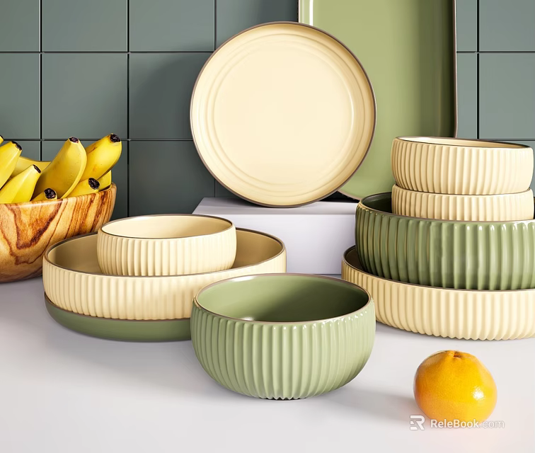 Ceramic Dinnerware Set With Green And Beige Ribbed Bowls And Plates For Kitchen Use 3d model