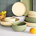 Ceramic Dinnerware Set With Green And Beige Ribbed Bowls And Plates For Kitchen Use 3d model