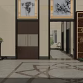 Elegant Hotel Lobby With Carved Screen Marble Floor Geometric Patterns Decorative Paintings And Green Plants