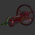 Red Mechanical Device With Large Wheel Cylindrical Body And Orange Light Detailed