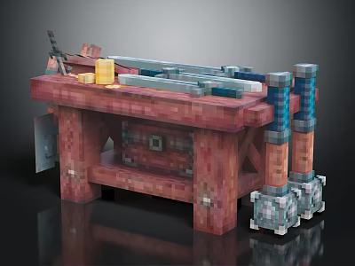 Red Brick Workbench Furniture with Tools on Top Drawers and Blue Gray Mechanical Parts 3d model