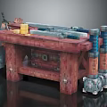 Red Brick Workbench Furniture with Tools on Top Drawers and Blue Gray Mechanical Parts