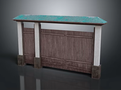 Traditional Wooden Entrance Gate With Green Roof White Pillars And Dark Bases 3d model