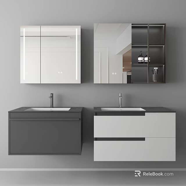 Two Modern Bathroom Vanities With Mirrors Storage Cabinets White Gray Design 3d model 