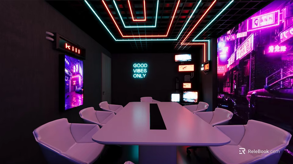 Indoor Playground Themed Area With Neon Light Ceiling White Seating Large Screens And Good Vibes Projection 3d model 