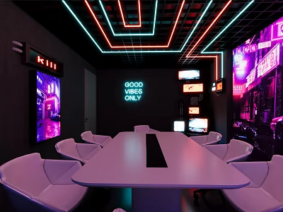 Indoor Playground Themed Area With Neon Light Ceiling White Seating Large Screens And Good Vibes Projection 3d model