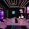 Indoor Playground Themed Area With Neon Light Ceiling White Seating Large Screens And Good Vibes Projection