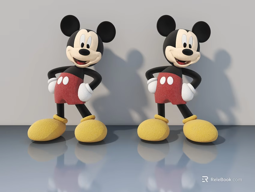 Two Mickey Mouse Dolls In Red Shorts And Yellow Shoes Standing Against Wall With Reflections 3d model 