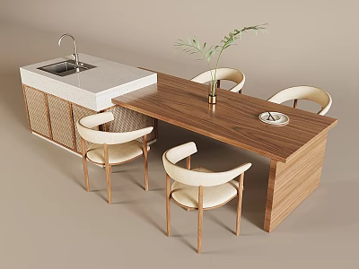 Modern Wooden Dining Table With Chairs And Kitchen Countertop With Sink Cabinet And Plant 3d model