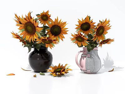 Beautiful Sunflowers in Black and Pink Gray Decorative Vases with Scattered Petals 3d model