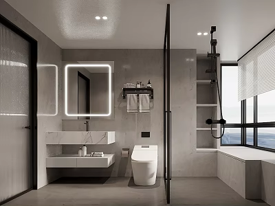 Modern Bathroom Interior Design With Backlit Mirror Vanity Toilet Shower Area And Window 3d model