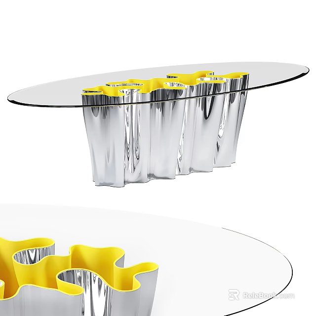 Oval Modern Dining Table With Glass Top Silver Legs And Yellow Accents 3d model 