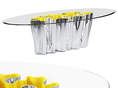 Oval Modern Dining Table With Glass Top Silver Legs And Yellow Accents 3d model