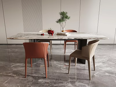 Modern Dining Table Set With Marble Tabletop Orange And Beige Chairs Green Plant Red Flowers 3d model
