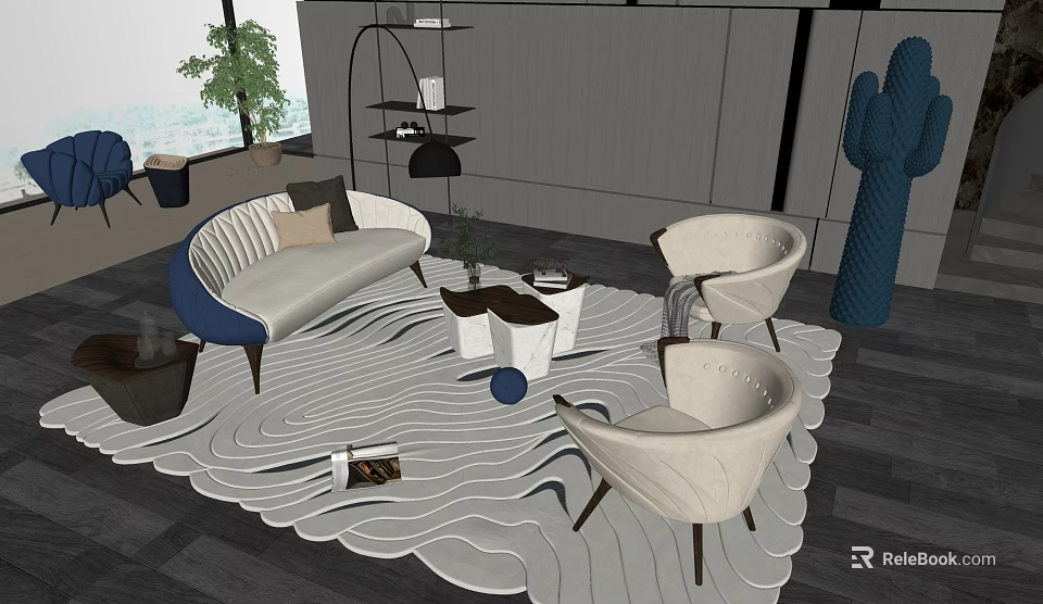 Modern Curved Sofa and Coffee Table Set With Armchairs Wavy Rug and Potted Plant 3d model 