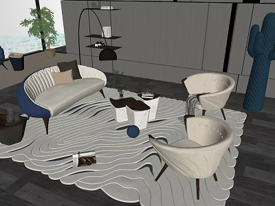 Modern Curved Sofa and Coffee Table Set With Armchairs Wavy Rug and Potted Plant 3d model