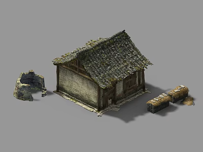 Cartoon Scene Of Cozy Rustic Small House With Old Roof Stones And Hay Bales 3d model