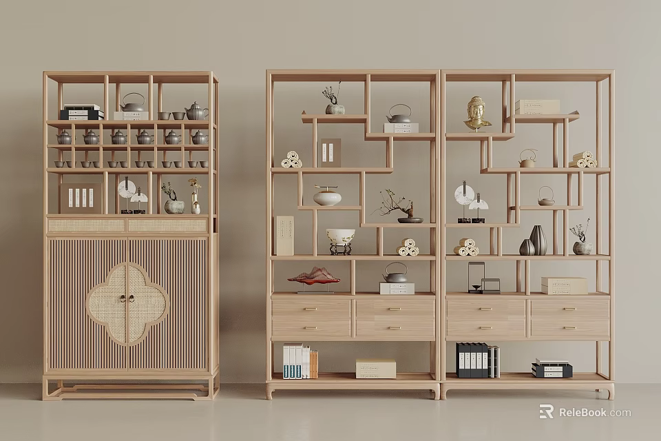 Traditional Chinese Wooden Bogu Shelf Displaying Antiques Tea Sets And Decorative Items 3d model 