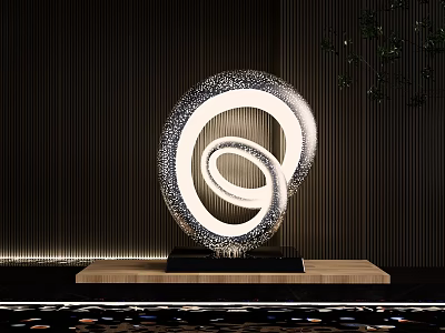 Metallic Spiral Sculpture With Perforated Pattern On Wooden Base In Dark Background 3d model