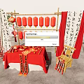 Art Installation With Bamboo Frame Red Lanterns Chinese Calligraphy Scrolls And Red Tablecloth Decorations
