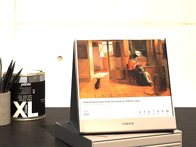 Decorative Ornaments Set with Calendar Painting of Woman Cat Canister and Plant on Table 3d model