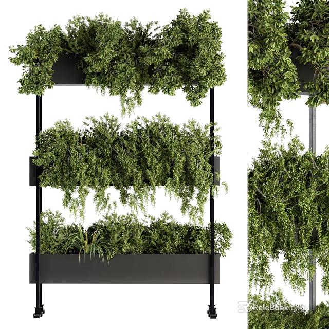 Decorative Ornament Set With Multi Tiered Black Metal Shelf And Lush Green Hanging Plants 3d model 