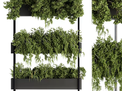 Decorative Ornament Set With Multi Tiered Black Metal Shelf And Lush Green Hanging Plants 3d model