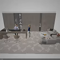Modern Office Desk Setup With Computer Sofa Coffee Table And Bookshelf Area