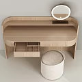 Light Wood Modern Dressing Table With Round Mirror Storage Drawers And Upholstered Stool