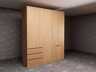 Modern Light Wood Wardrobe With Sleek Doors And Drawers Against Gray Walls And Flooring 3d model