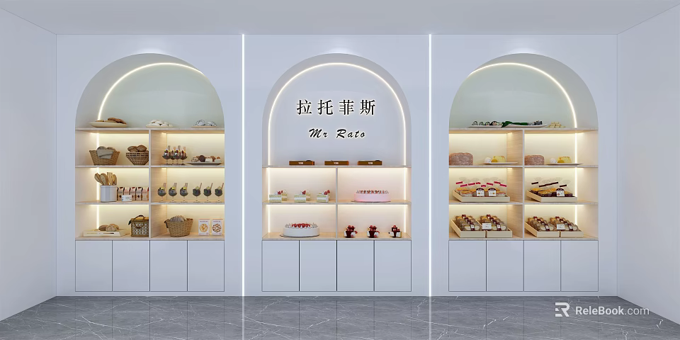 Elegant White Arch Shaped Display Shelves With Illuminated Pastry Baked Goods Retail Interior 3d model 