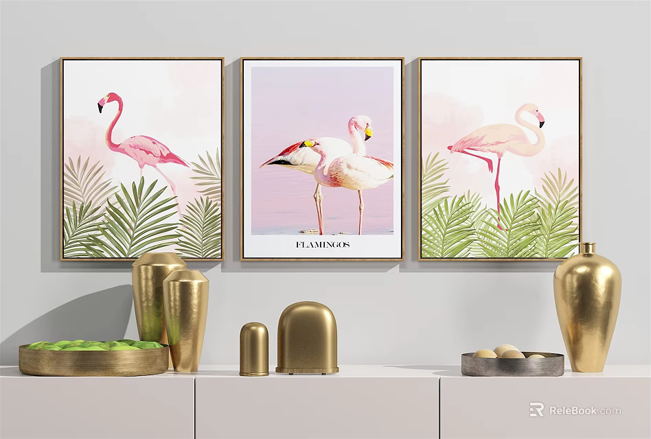 Vibrant Flamingo Paintings With Tropical Leaves Wall Art And Golden Decor On White Cabinet 3d model 