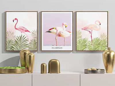 Vibrant Flamingo Paintings With Tropical Leaves Wall Art And Golden Decor On White Cabinet 3d model