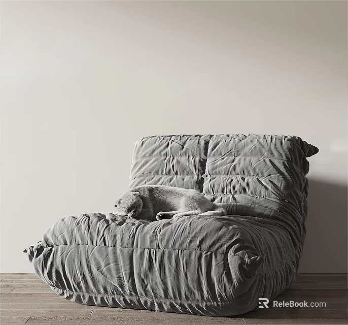 Cozy Gray Bean Bag Chair With Soft Plush Design And Dog Resting Comfortably 3d model 