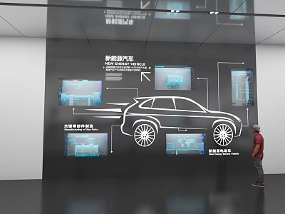 New Energy Vehicle Showroom Featuring Display Wall With Car Diagram Multiple Screens And People Viewing 3d model