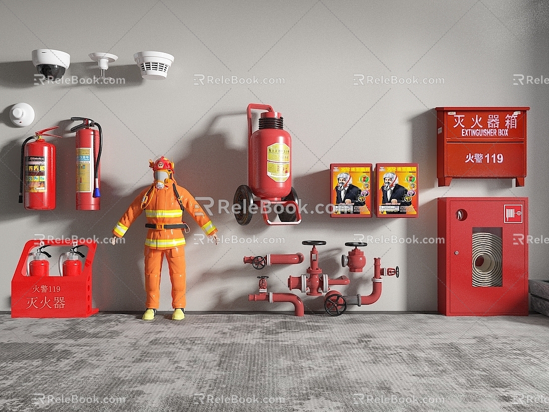 Fire hydrant fire extinguisher fire door smoke sense fire equipment lighting lamp alarm fire suit 3d model