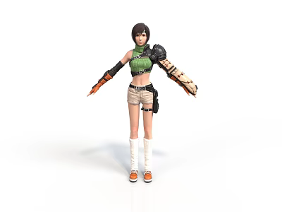Futuristic Woman With Short Black Hair Green Crop Top Beige Shorts And Mechanical Arm 3d model