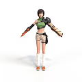 Futuristic Woman With Short Black Hair Green Crop Top Beige Shorts And Mechanical Arm