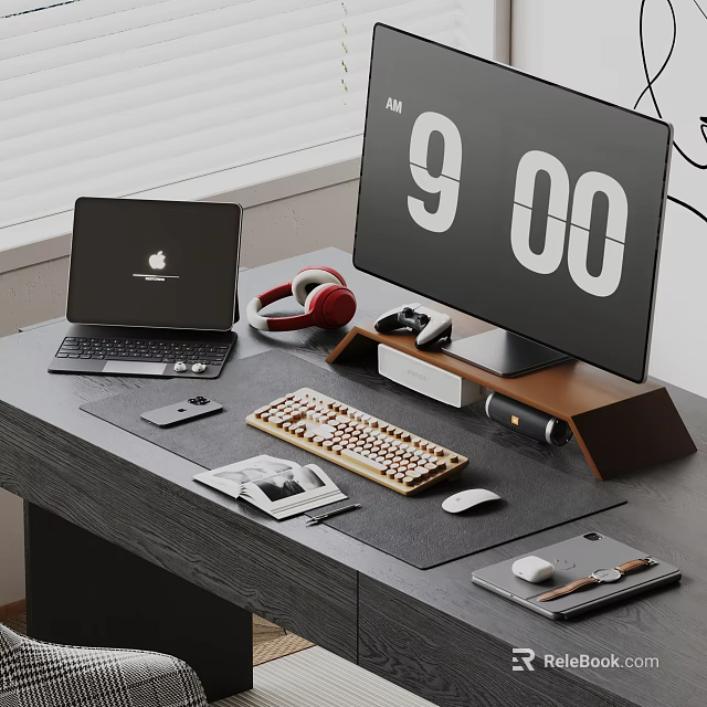 Modern Computer Workspace Setup With Laptop Monitor Mechanical Keyboard Mouse And Headphones 3d model 