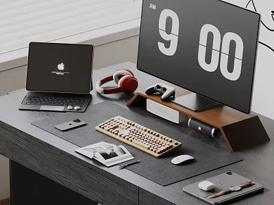 Modern Computer Workspace Setup With Laptop Monitor Mechanical Keyboard Mouse And Headphones 3d model