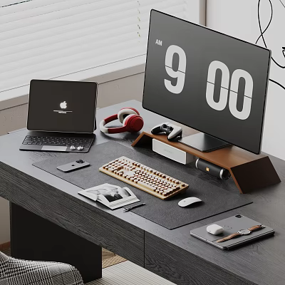 Modern Computer Workspace Setup With Laptop Monitor Mechanical Keyboard Mouse And Headphones 3d model