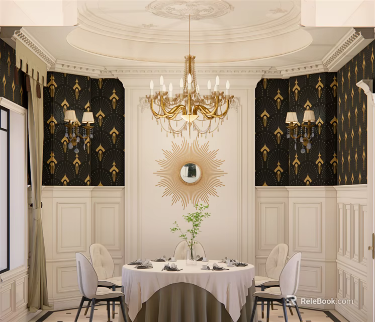 Elegant Private Dining Box With Gold Black Patterned Wallpaper Chandelier Round Mirror And Dining Table 3d model 