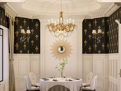 Elegant Private Dining Box With Gold Black Patterned Wallpaper Chandelier Round Mirror And Dining Table 3d model