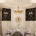 Elegant Private Dining Box With Gold Black Patterned Wallpaper Chandelier Round Mirror And Dining Table