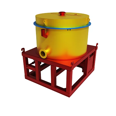 Yellow Cylindrical Industrial Container Placed On Red Metal Support Frame 3d model