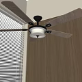 Ceiling Fan With Light Installed On Ceiling By Window Blinds And Wooden Walls
