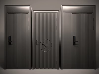 Three Dark Colored Security Doors With Vertical Stripe Design Emblem In Middle And Locks 3d model