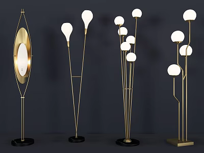 Modern Floor Lamps With Golden Metal Stands White Shades And Various Designs 3d model