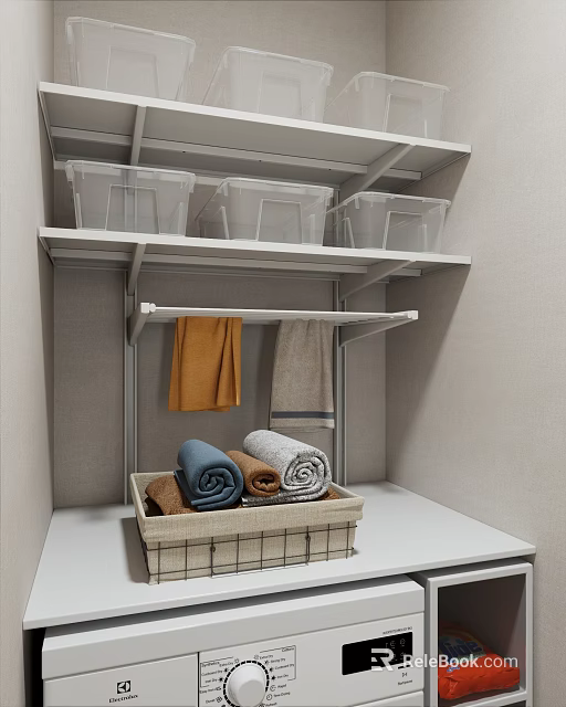 Storage Cabinet With Transparent Storage Boxes Hanging Towels And Woven Basket For Organized Storage 3d model 