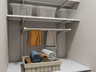 Storage Cabinet With Transparent Storage Boxes Hanging Towels And Woven Basket For Organized Storage 3d model